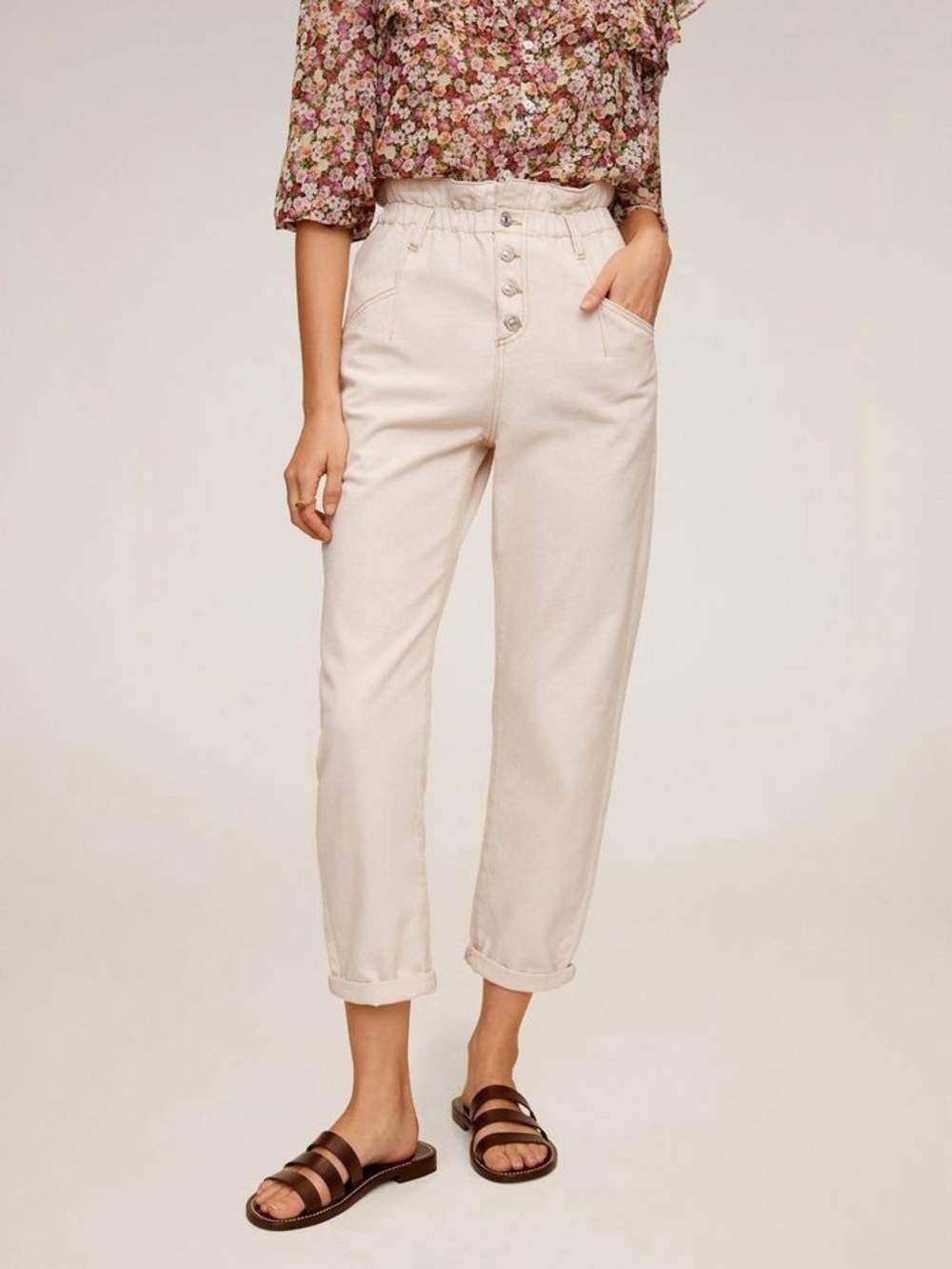 High-Waist Paperbag Button-Fly Pants in Ivory/Beige
